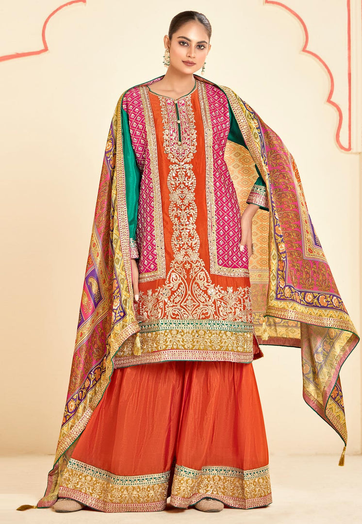 Orange Chinon Embroidered Gharara Suit