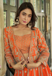 Orange Chinon Jacket Style Lehenga Choli