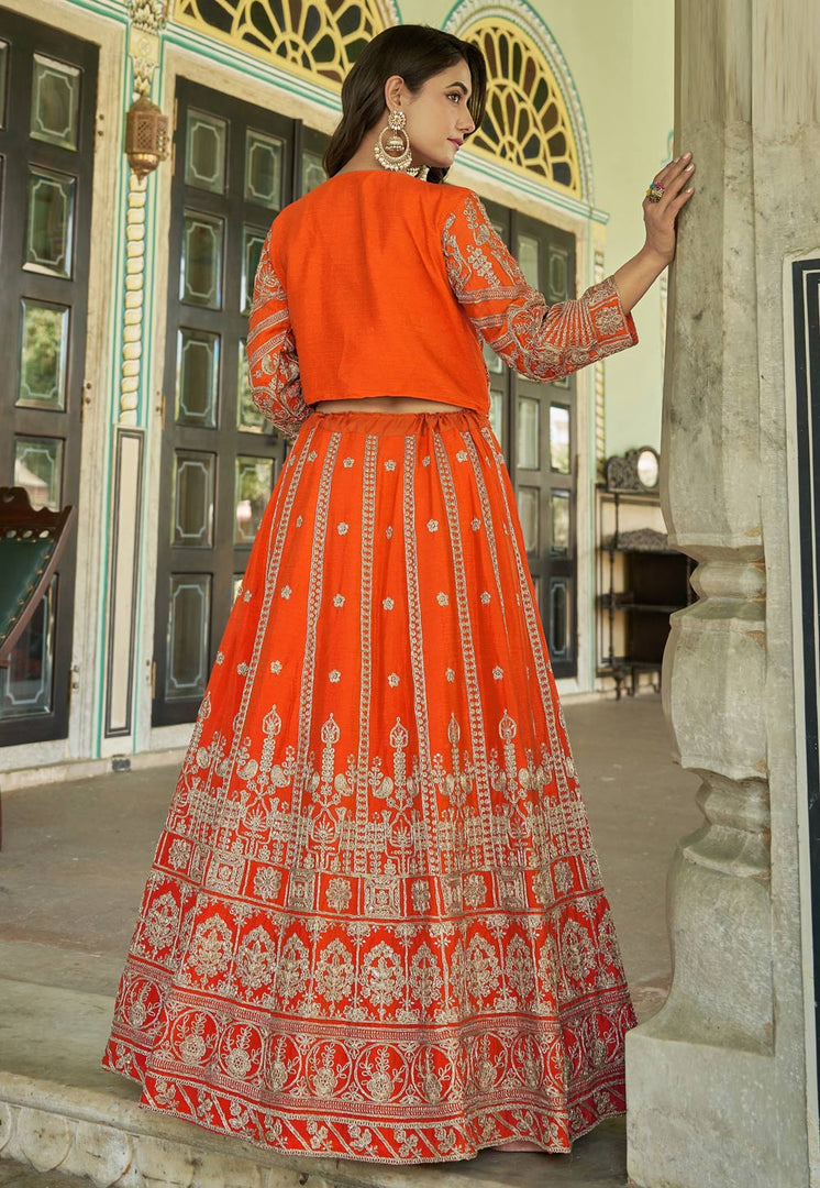 Orange Chinon Jacket Style Lehenga Choli