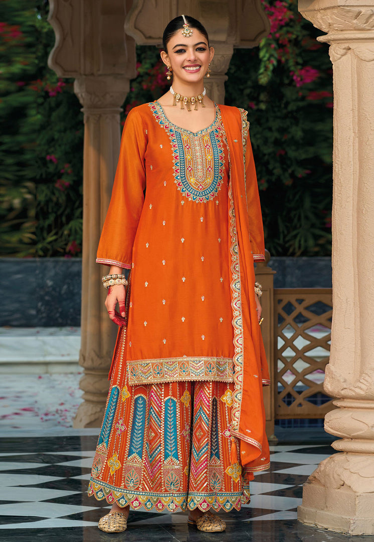 Orange Chinon Pakistani Suit