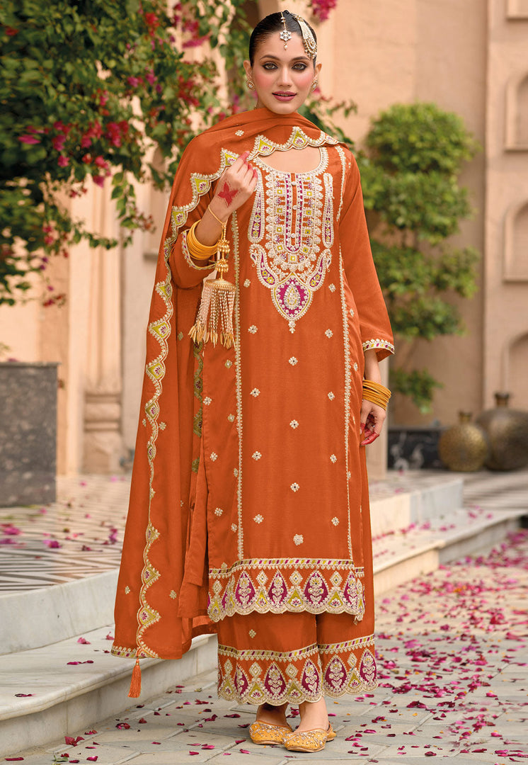 Orange Chinon Pakistani Suit