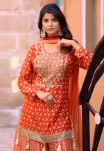 Load image into Gallery viewer, Orange Chinon Palazzo Suit
