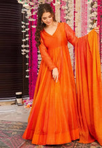 Load image into Gallery viewer, Orange Chinon Readymade Long Anarkali Suit

