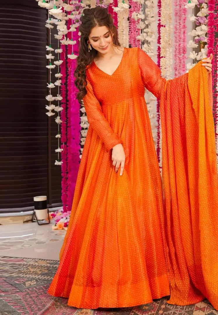 Orange Chinon Readymade Long Anarkali Suit