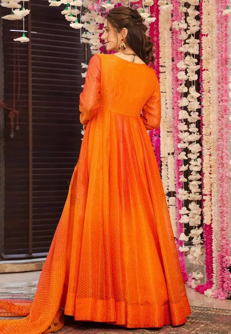 Orange Chinon Readymade Long Anarkali Suit