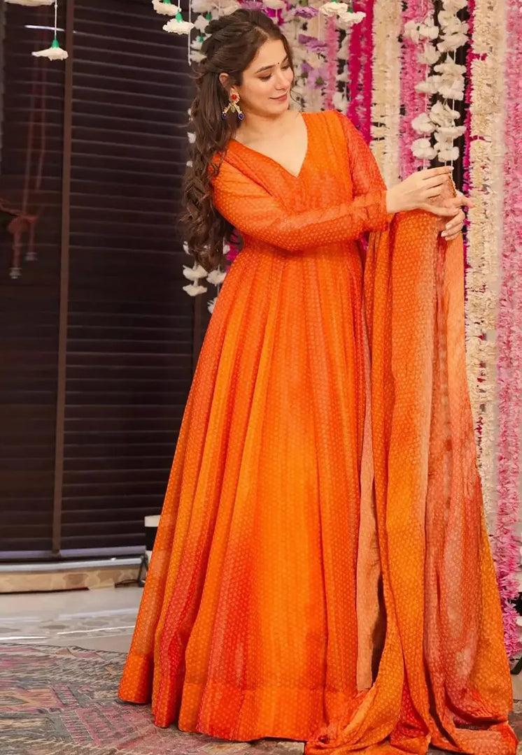 Orange Chinon Readymade Long Anarkali Suit