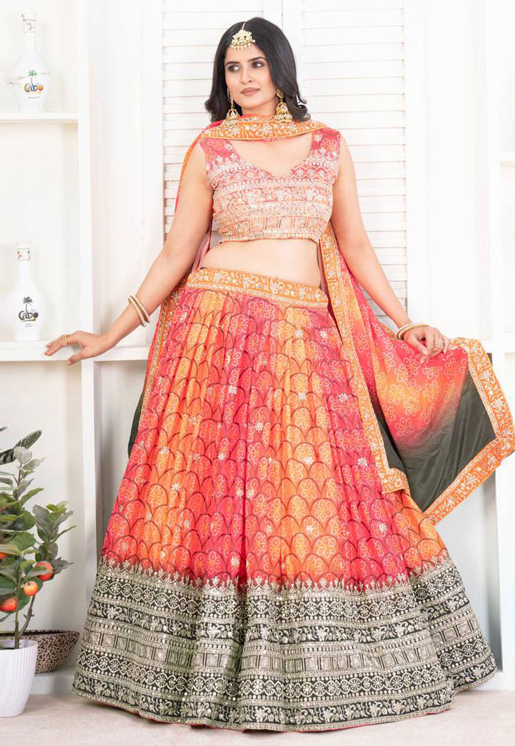 Orange Chinon Silk Circular Lehenga Choli
