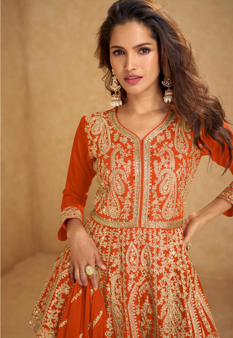 Orange Chinon Silk Indo Western Lehenga Choli