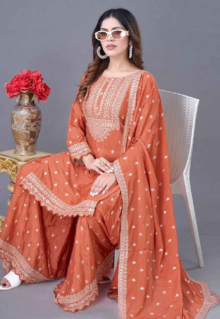 Orange Chinon Silk Readymade Gharara Suit