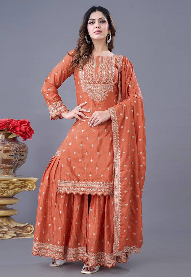 Orange Chinon Silk Readymade Gharara Suit