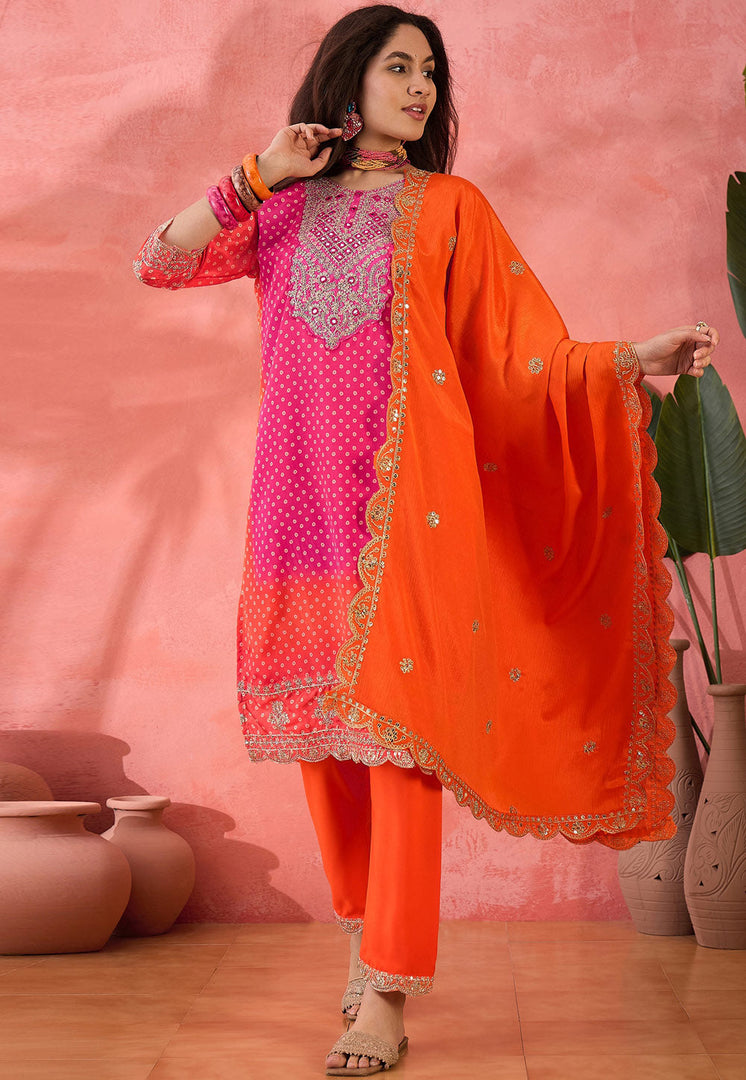 Orange Chinon Silk Readymade Pant Style Suit
