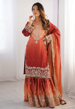 Load image into Gallery viewer, Orange Chinon Silk Readymade Sharara Suit
