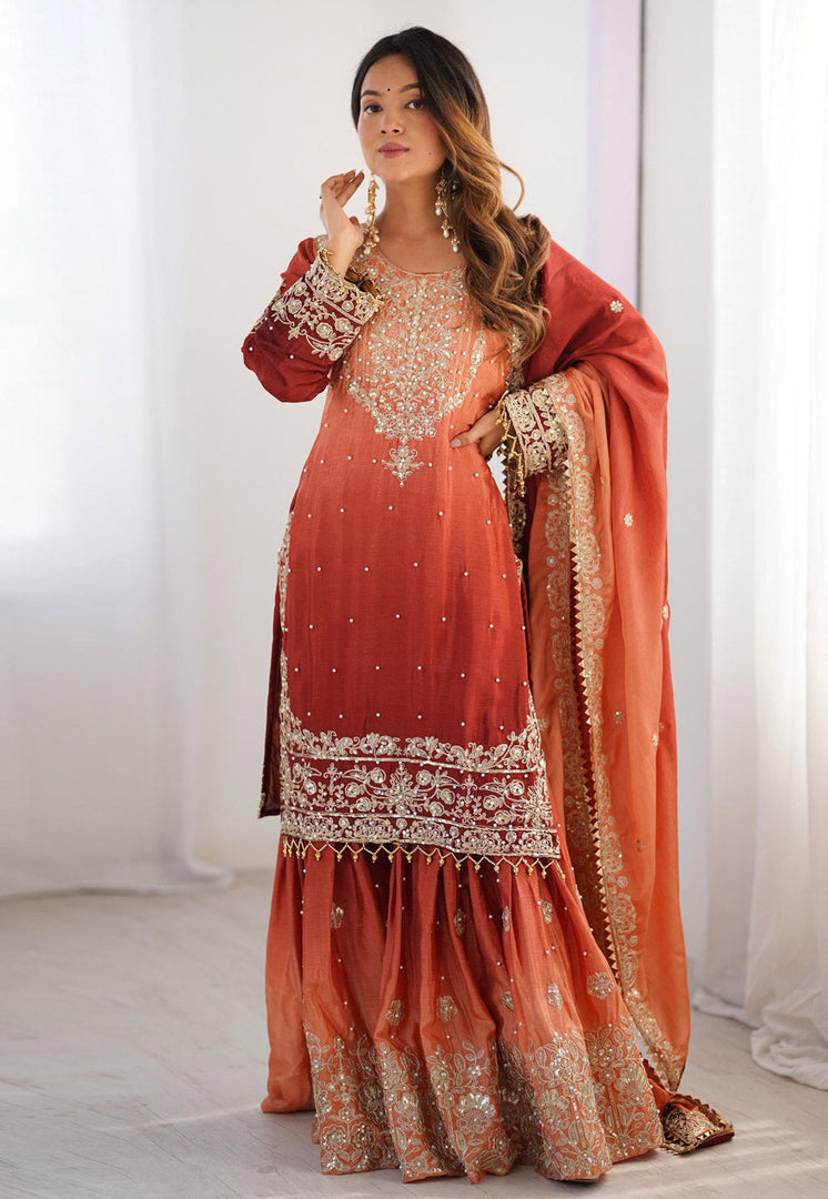 Orange Chinon Silk Readymade Sharara Suit