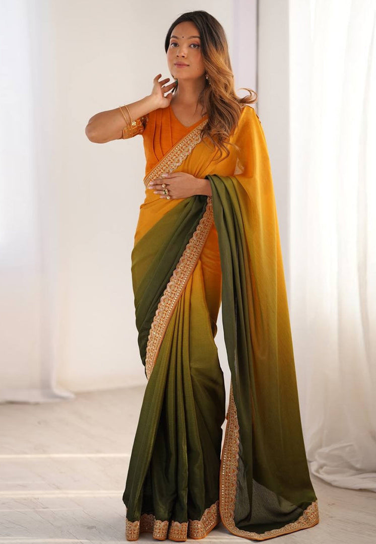 Orange Chinon Silk Saree With Blouse