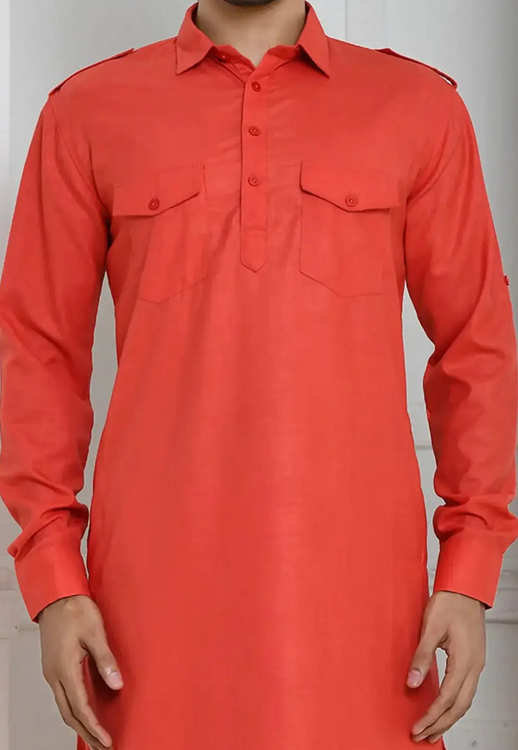 Red Cotton Pathani Suit