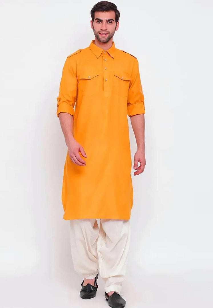 Orange Cotton Pathani Suit