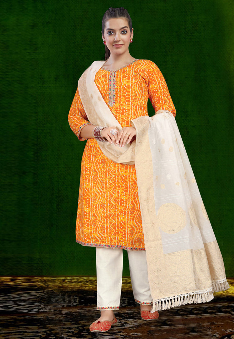 Orange Cotton Readymade Pant Style Suit