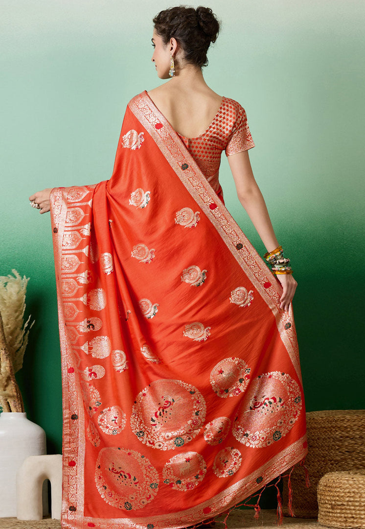 Orange Cotton Saree With Blouse