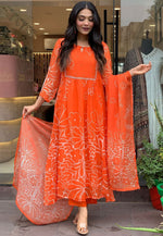 Load image into Gallery viewer, Orange Faux Georgette Readymade Pant Style Suit
