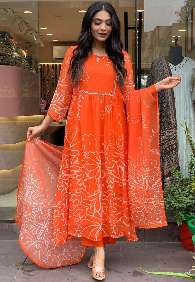 Orange Faux Georgette Readymade Pant Style Suit