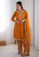 Load image into Gallery viewer, Orange Faux Georgette Readymade Pant Style Suit

