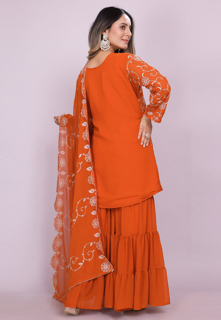 Orange Faux Georgette Readymade Sharara Suit