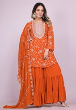 Load image into Gallery viewer, Orange Faux Georgette Readymade Sharara Suit
