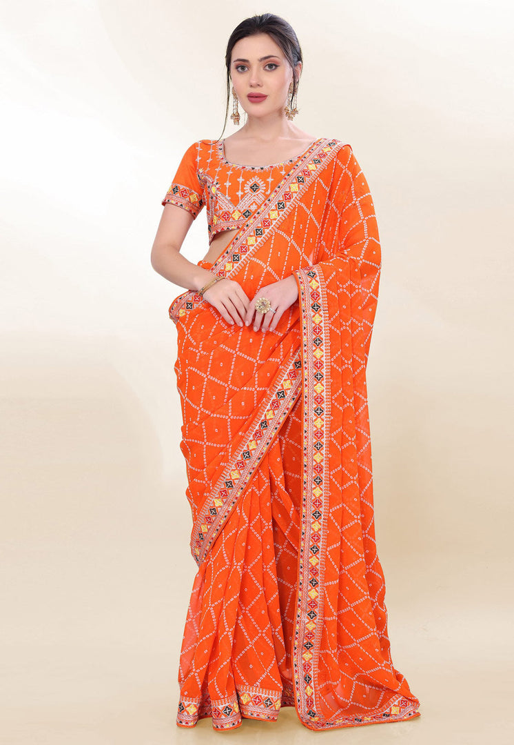Orange Georgette Bandhani Print Saree