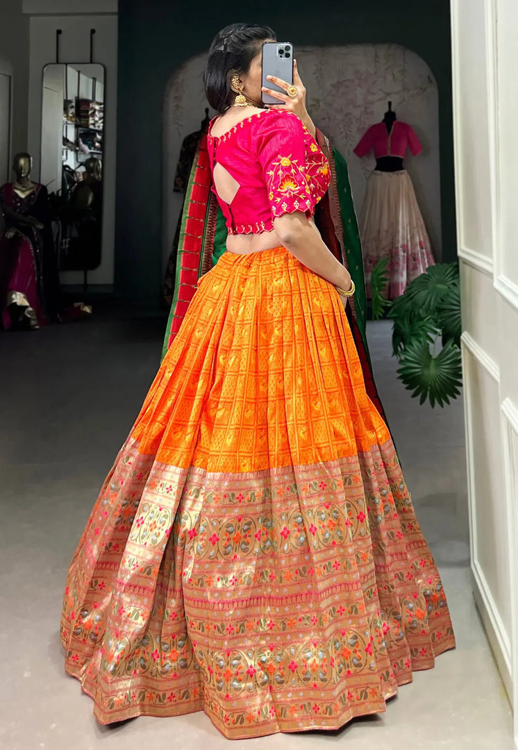 Orange Jacquard Circular Lehenga Choli