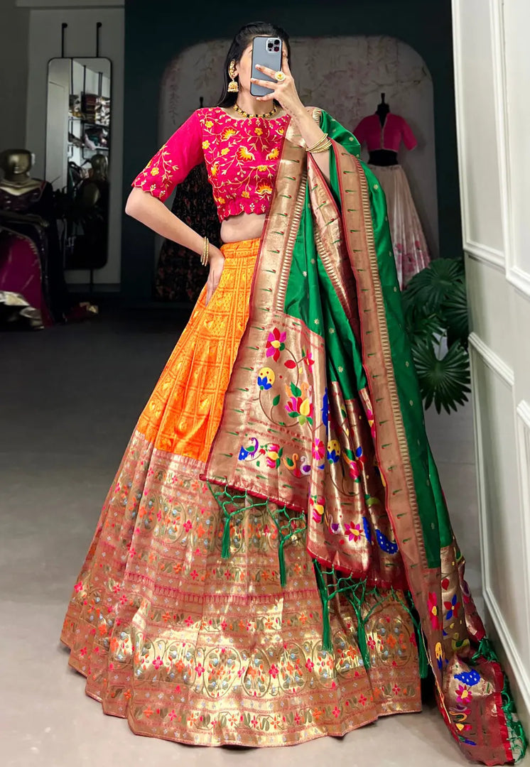 Orange Jacquard Circular Lehenga Choli
