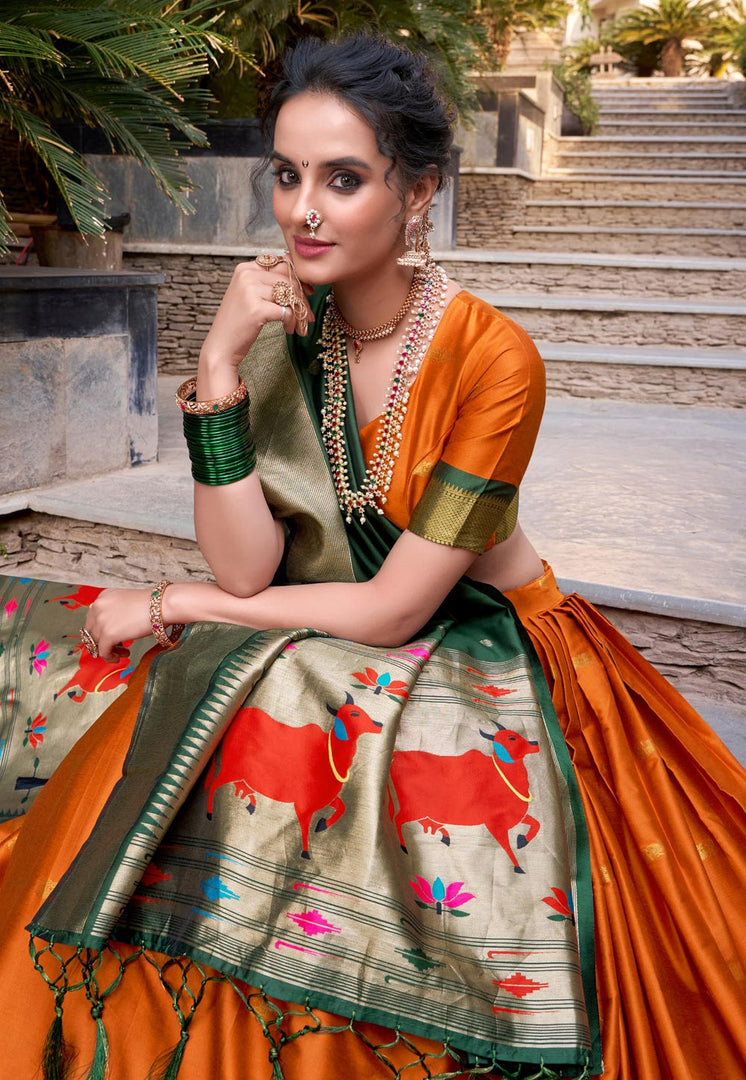 Orange Jacquard Silk Circular Lehenga Choli