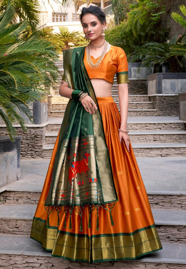 Orange Jacquard Silk Circular Lehenga Choli