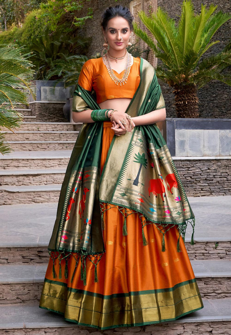 Orange Jacquard Silk Circular Lehenga Choli