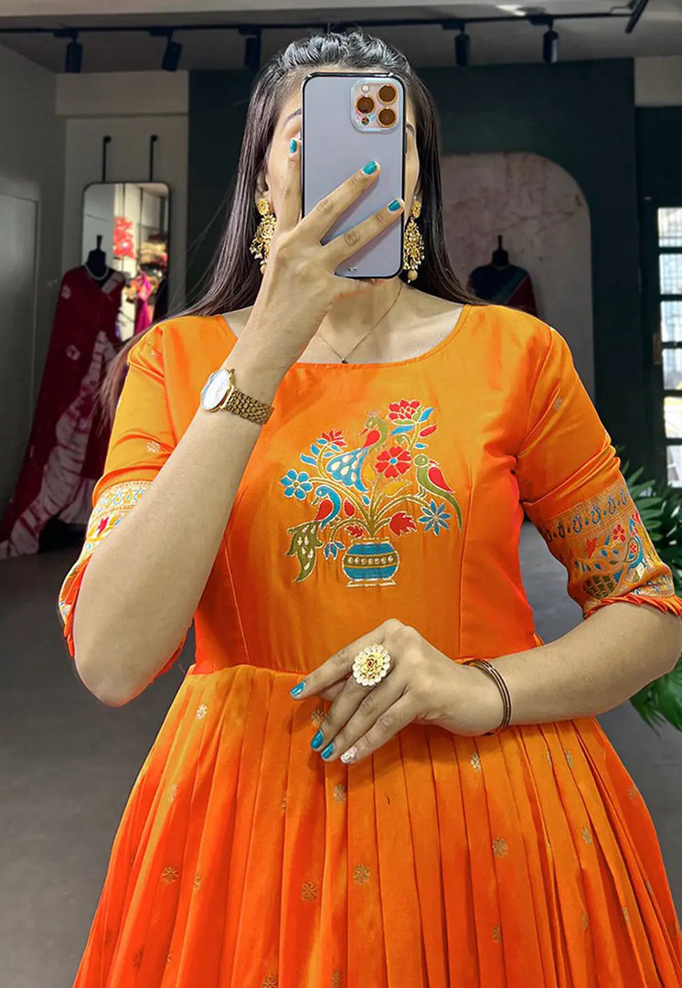 Orange Jacquard Silk Gown