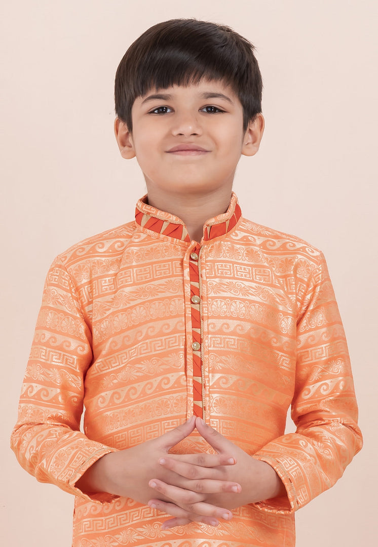 Orange Jacquard Silk Kids Kurta Pajama