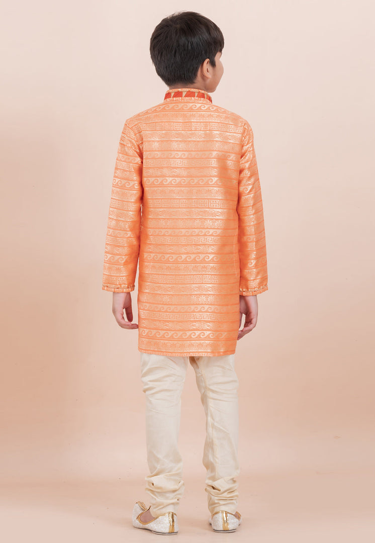 Orange Jacquard Silk Kids Kurta Pajama