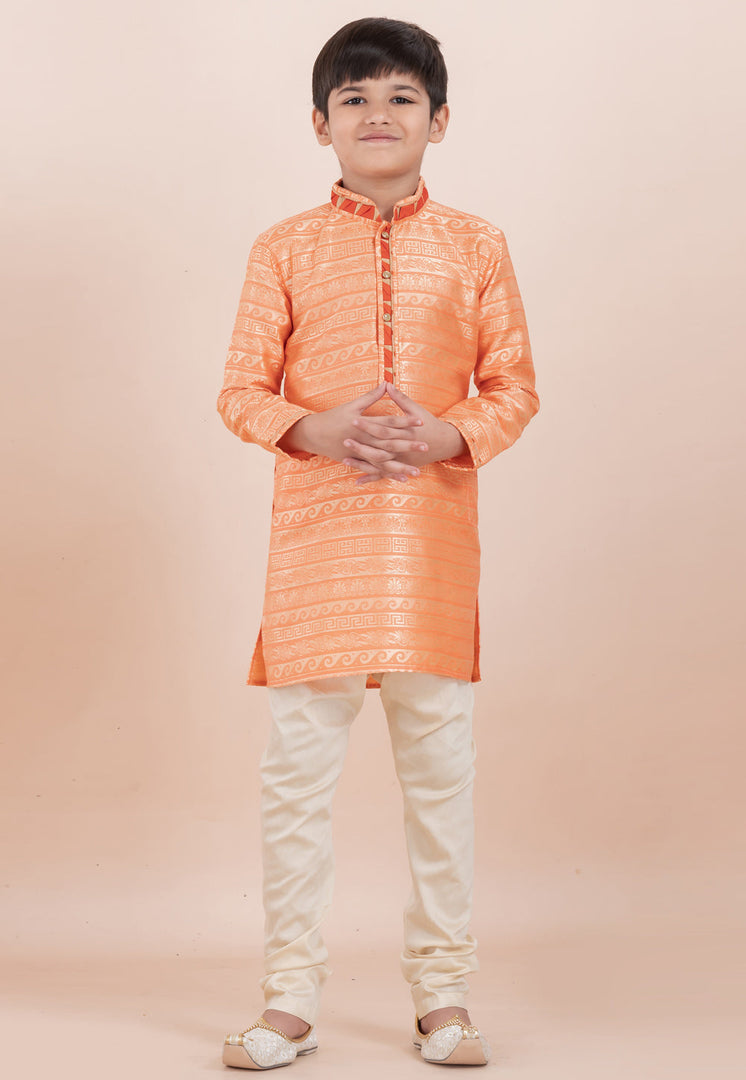 Orange Jacquard Silk Kids Kurta Pajama