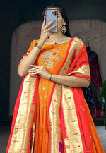 Load image into Gallery viewer, Orange Jacquard Silk Readymade Long Anarkali Suit

