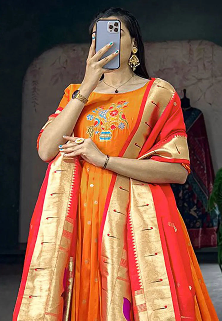 Orange Jacquard Silk Readymade Long Anarkali Suit