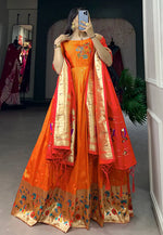 Load image into Gallery viewer, Orange Jacquard Silk Readymade Long Anarkali Suit
