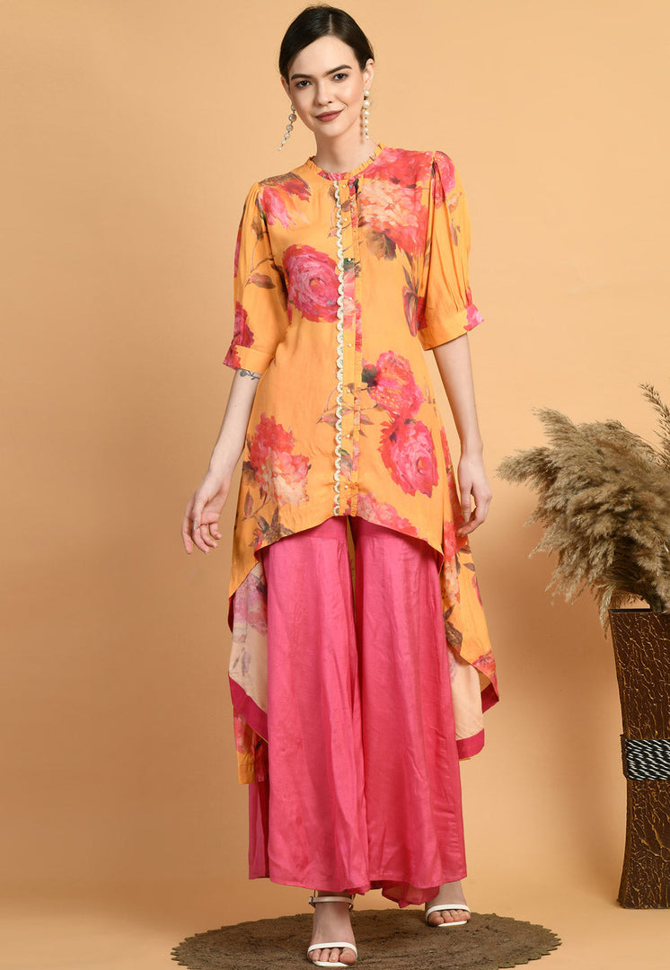 Orange Muslin Kurta Set With Palazzo