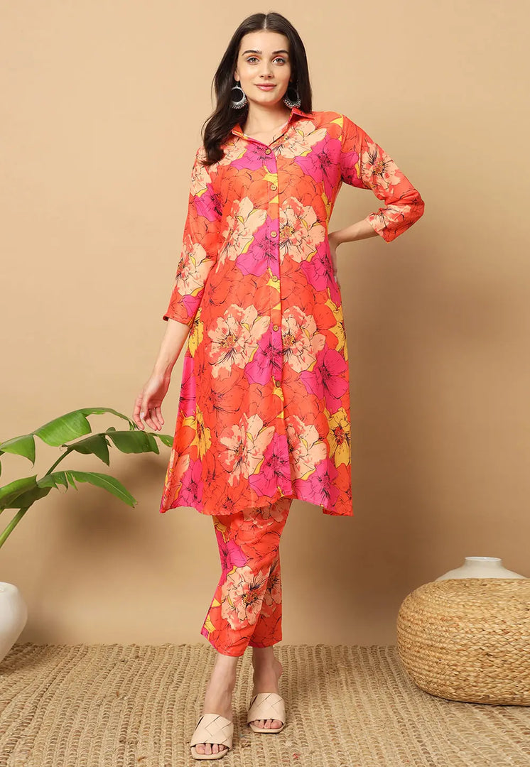 Orange Muslin Kurta Set With Pent