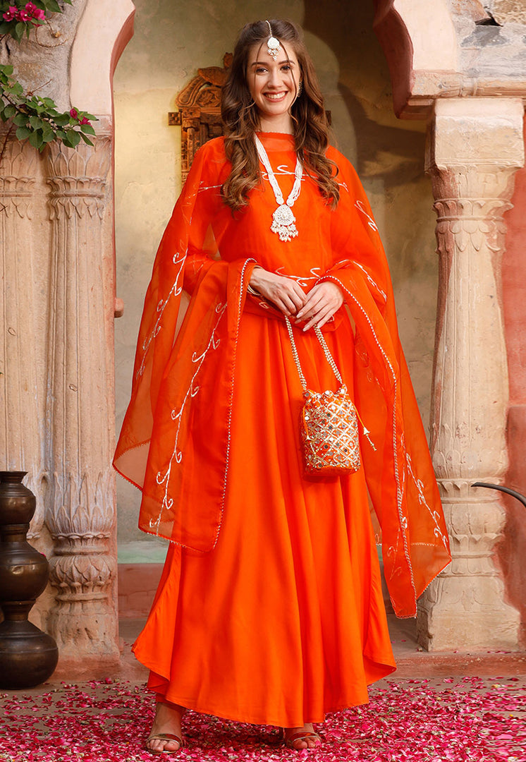 Orange Rayon Readymade Anarkali Suit