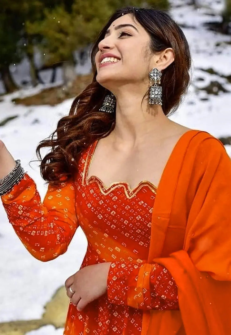 Orange Rayon Readymade Anarkali Suit