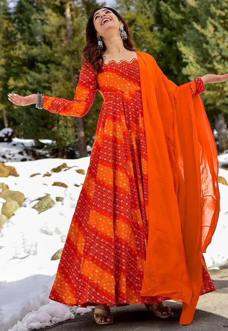Orange Rayon Readymade Anarkali Suit