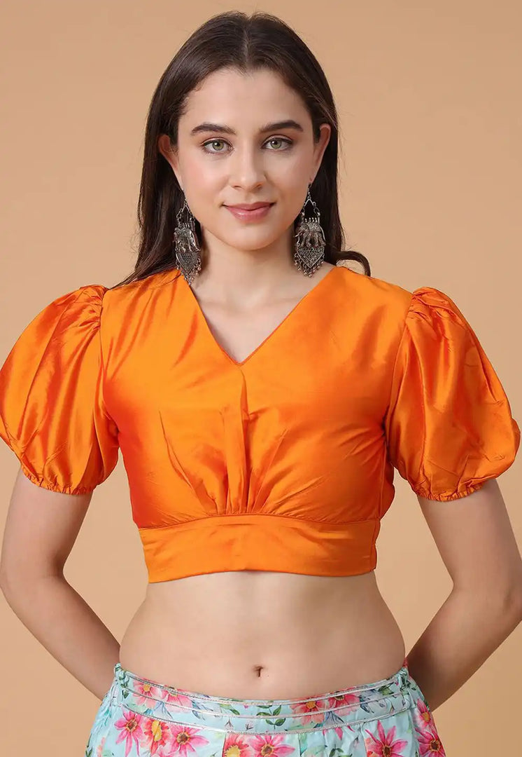 Orange Satin Silk Readymade Blouse