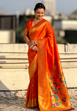 Load image into Gallery viewer, Orange Silk Paithani Saree