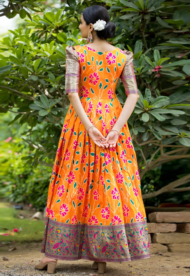 Orange Silk Printed Gown