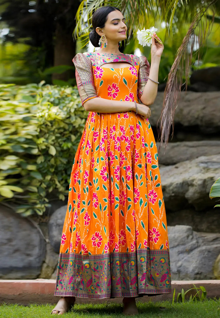 Orange Silk Printed Gown