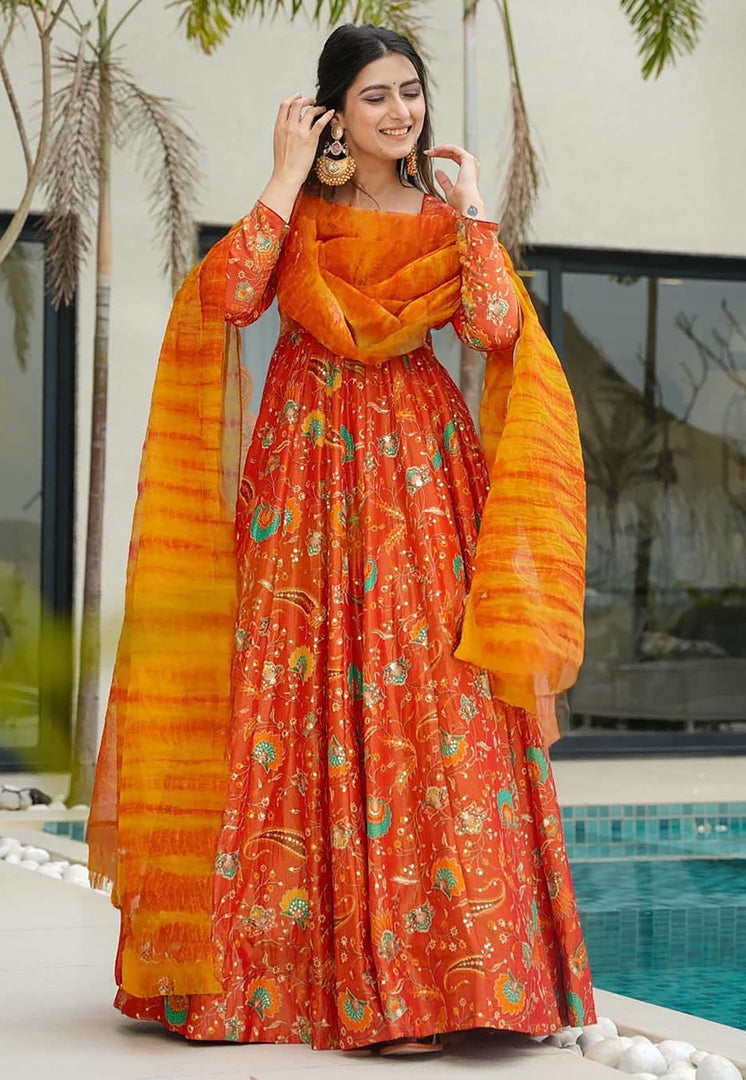 Orange Silk Readymade Anarkali Suit
